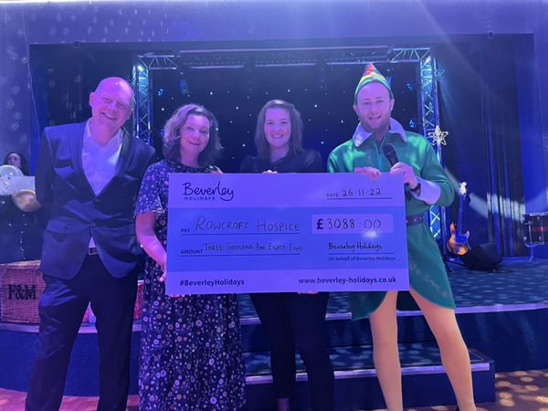 Beverley Holidays' Sales Manager, Roger Shaw; Director, Nicola Furneaux; Rowcroft fundraiser, Asenath Colbourne-Laight; and Beverley Holidays' Entertainment Manager, Paul Farley (photo courtesy of Beverley Holidays)